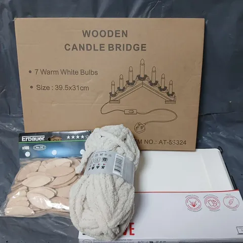 APPROXIMATELY 20 ASSORTED HOUSEHOLD ITEMS TO INCLUDE WOODEN CANDLE BRIDGE, TECH21 ECOWAVE MACBOOK CASE, YOUR CLUB KNITTING, ETC