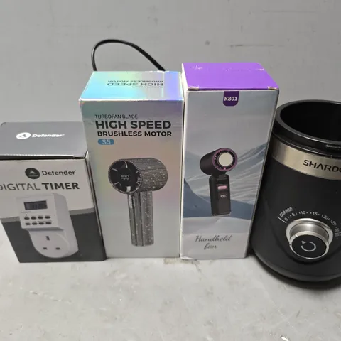 APPROXIMATELY 8 ASSORTED ITEMS TO INCLUDE - HANDHELD FAN , DEFENDER DIGITAL TIMER ETC