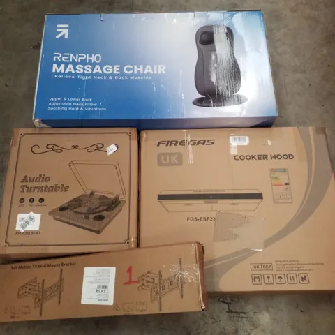 PALLET CONTAINING ASSORTED PRODUCTS INCLUDING RENPHO MASSAGE CHAIR, AUDIO TURNTABLE, FULL MOTION TV WALL MOUNT BRACKET & COOKER HOOD