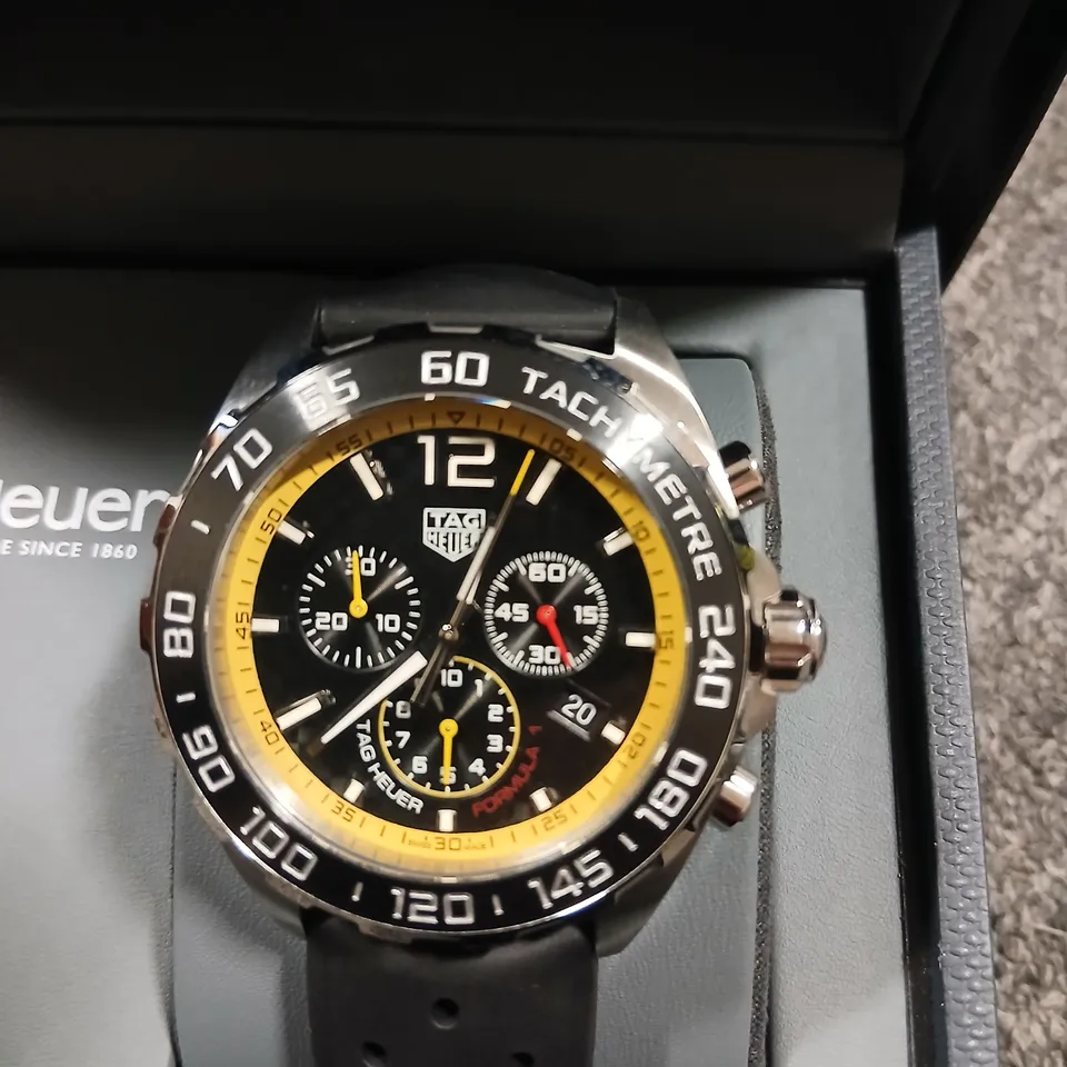 TAG HEUER FORMULA 1 CHRONOGRAPH WATCH - BLACK DIAL WITH YELLOW RING, BOXED
