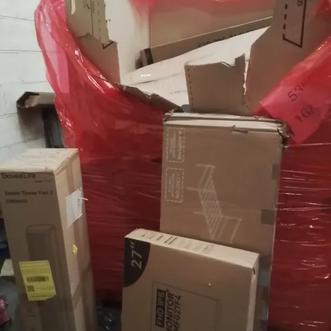 PALLET OF ASSORTED HOUSEHOLD GOODS AND PRODUCTS TO INCLUDE;MONITOR,TOWER FAN,BED BASE