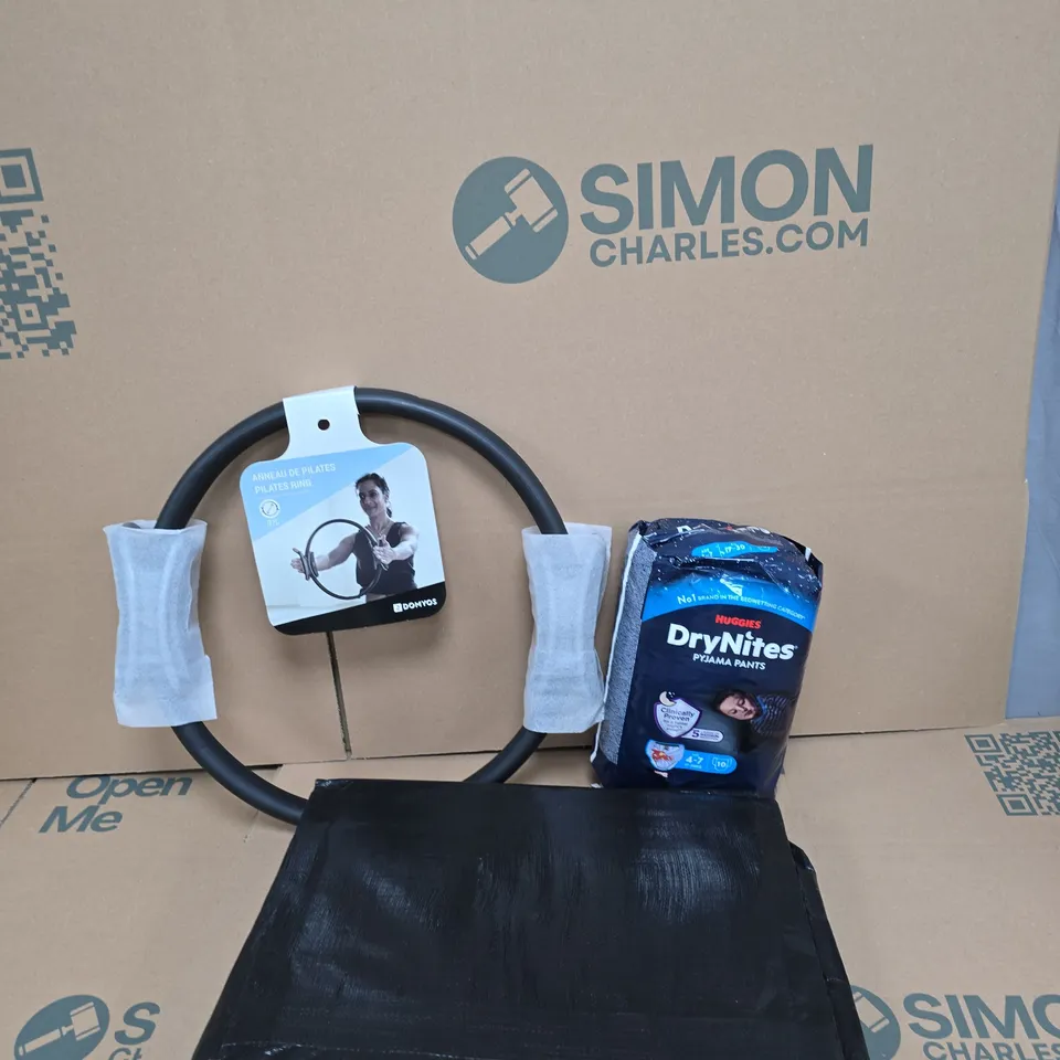 BOX OF APPROXIMATELY 15 ASSORTED HOUSEHOLD ITEMS TO INCLUDE HUGGIES DRYNITES, PILATES RING AND POND LINER