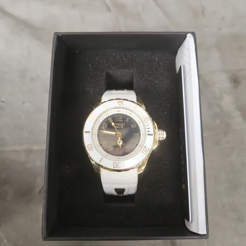 KYBOE! WOMEN'S GOLD-TONE WATCH WITH WHITE STRAP 
