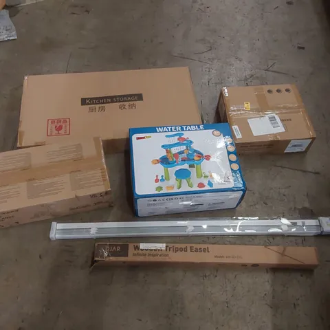 PALLET OF ASSORTED ITEMS INCLUDING: KIDS BALANCE BIKE, WATER TABLE, WOODEN TRIPOD EASEL, BLINDS, SHOE STORAGE BOX, KITCHEN STORAGE ECT
