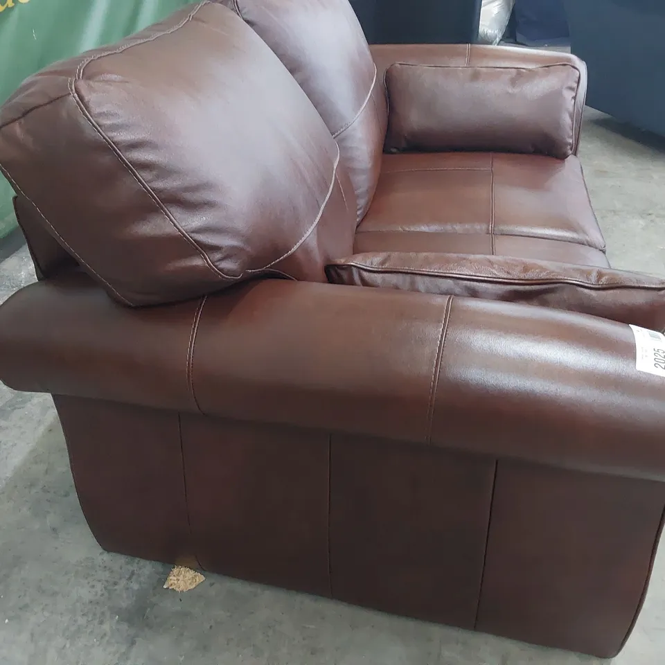 DESIGNER  TWO SEATER SOFA CHESTNUT LEATHER WITH BOLSTER CUSHIONS 