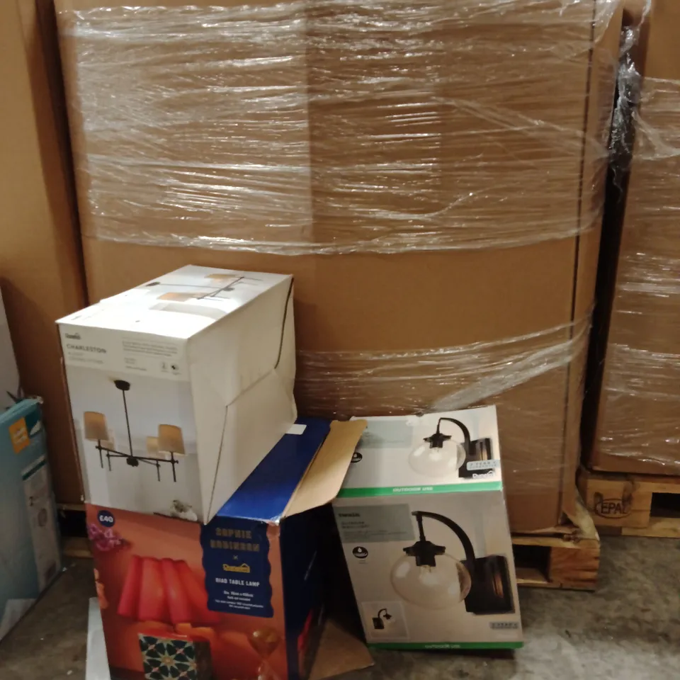 PALLET OF ASSORTED DESIGNER LIGHTING PRODUCTS TO INCLUDE;SOPHIA ROBINSON LAMP, CHARLESTON 4 LIGHT CEILING FITTING,TWAIN OUTDOOR WALL LAMP