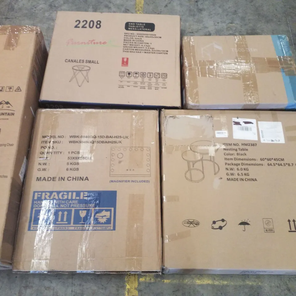 PALLET CONTAINING ASSORTED PRODUCTS INCLUDING FOLDING CAMPING CHAIR, NESTING TABLES, LED HOLLYWOOD MIRROR, TOILET SAFETY RAIL & END TABLE