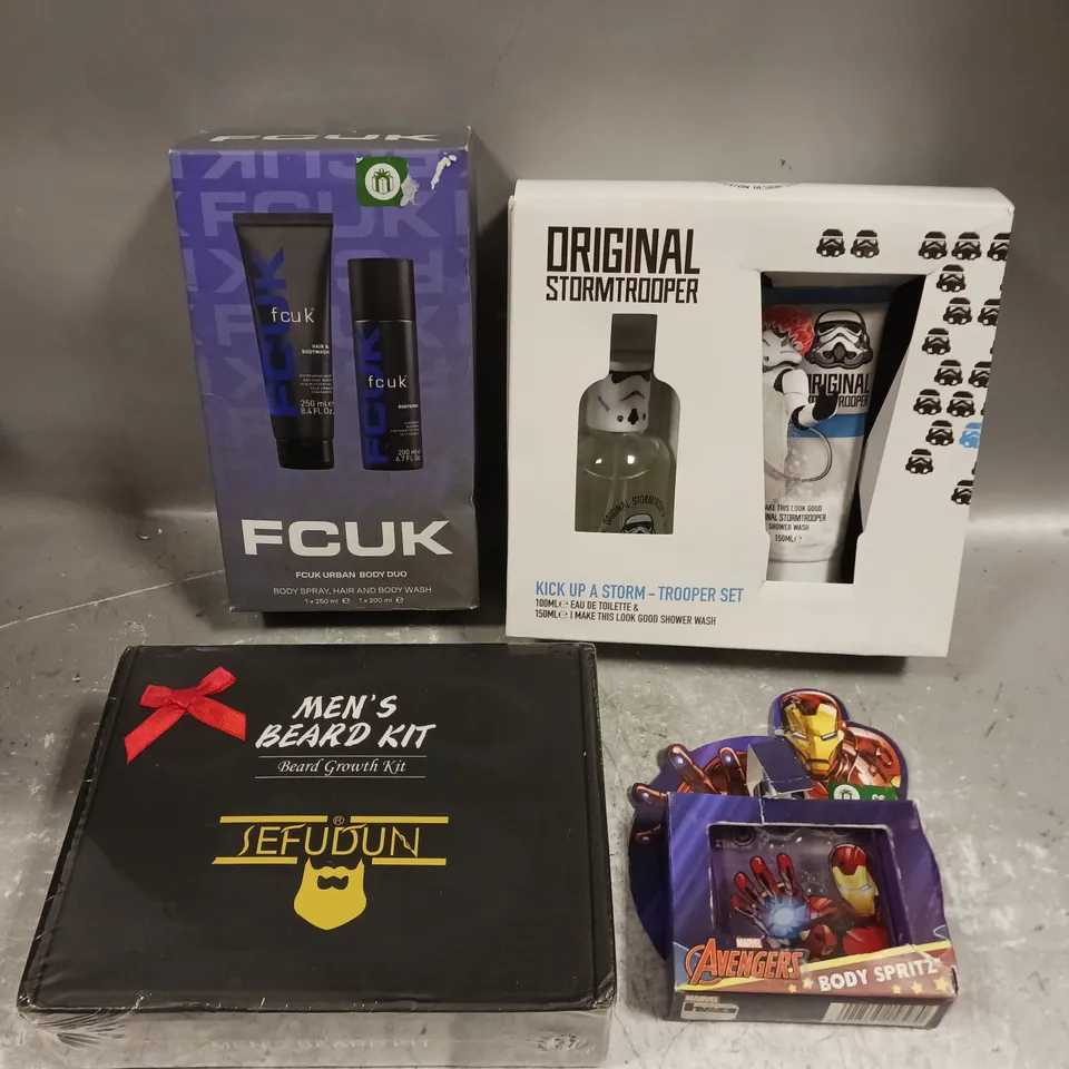 LOT OF 3 ASSORTED COSMETIC BOXSETS TO INCLUDE - FCUK URBAN BODY DUO - AVENGERS BODY SPRITZ - BEARD GROWTH KIT - ETC