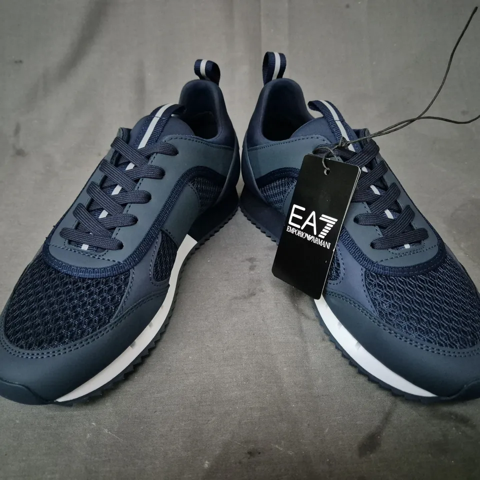 BOXED PAIR OF EMPORIO ARMANI SNEAKERS IN NAVY/WHITE UK SIZE 6