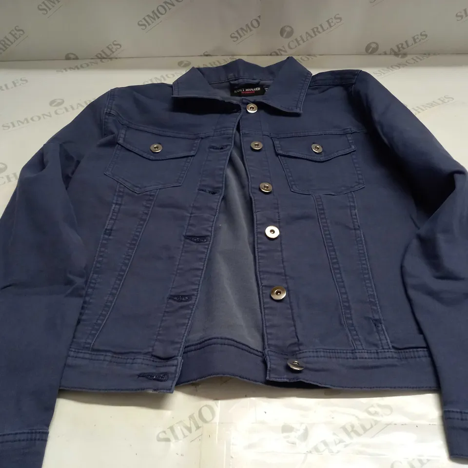 KURT MULLER WOMAN CROP FAUX DENIM JACKET IN BLUE INDIGO - UK 14