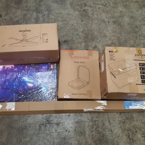 PALLET OF ASSORTED PRODUCTS INCLUDING BREAD MAKER, TOILET SEAT, LED BATTEN LIGHT, WALL DECOR, LED CEILING FAN