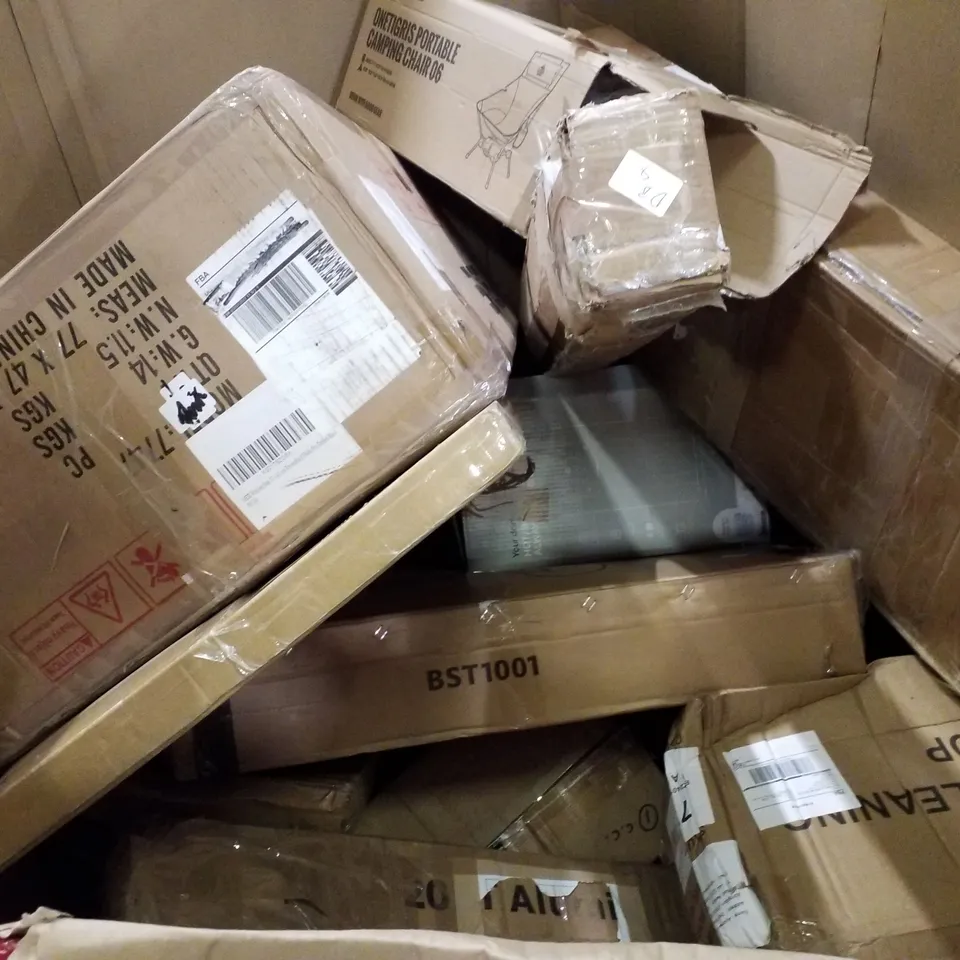 PALLET OF ASSORTED PRODUCTS INCLUDING FLOOR CHAIR, MULTI-USE RETRACTABLE GATE, IMPULSE SPEALER, UNDER DESK ELLIPTICAL 