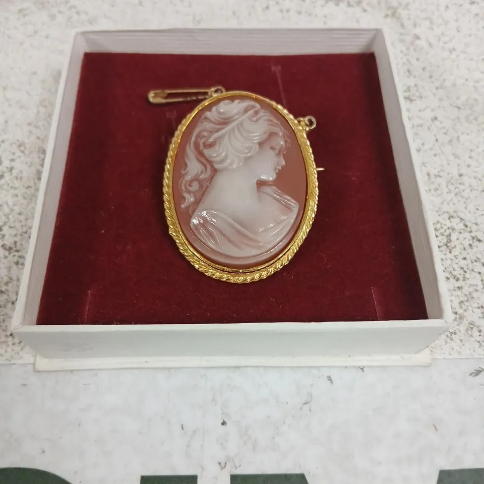 GOLD-TONE OVAL CAMEO BROOCH WITH PINK RELIEF PORTRAIT – ROPE-EDGE FRAME