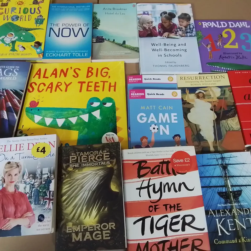 LARGE QUANTITY OF ASSORTED BOOKS TO INCLUDE THE BI4DCAGE, THE SONG OF ACHILLES, BLAME MY BRAIN AND VARIOUS KIDS BOOKS