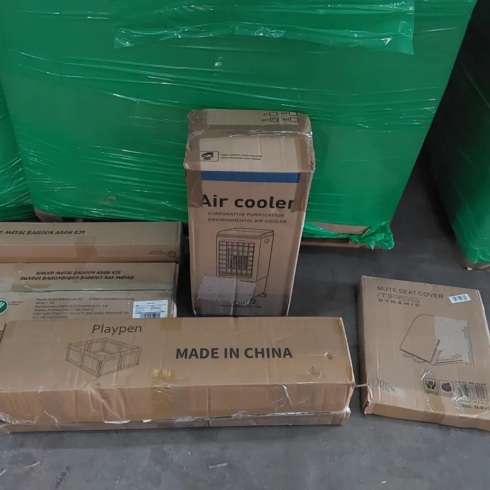 PALLET OF ASSORTED CONSUMER PRODUCTS TO INCLUDE: AIR COOLER, PLAYPEN, ROUND METAL BALLOON ARCH KITS, CANOPY TENT, TOILET SEAT ECT