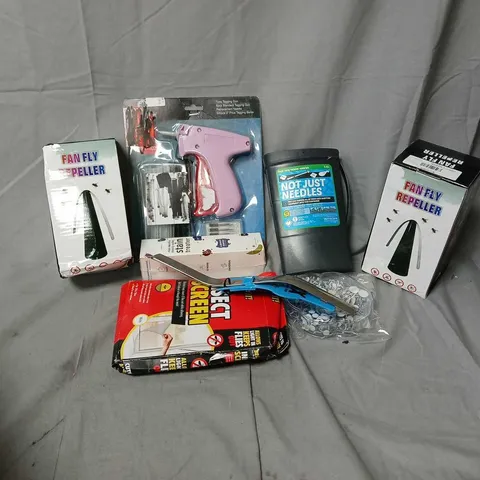 APPROXIMATELY 12 ASSORTED HOUSEHOLD ITEMS TO INCLUDE FAN FLY REPELLER, 1PCS TAGGING GUN, INSECT SCREEN, ETC