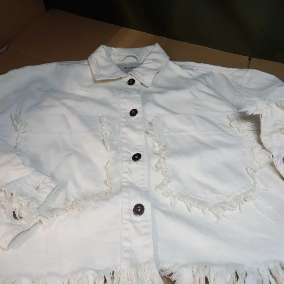 PULL&BEAR CREAM FRAYED OVERSIZED DENIM JACKET - XS