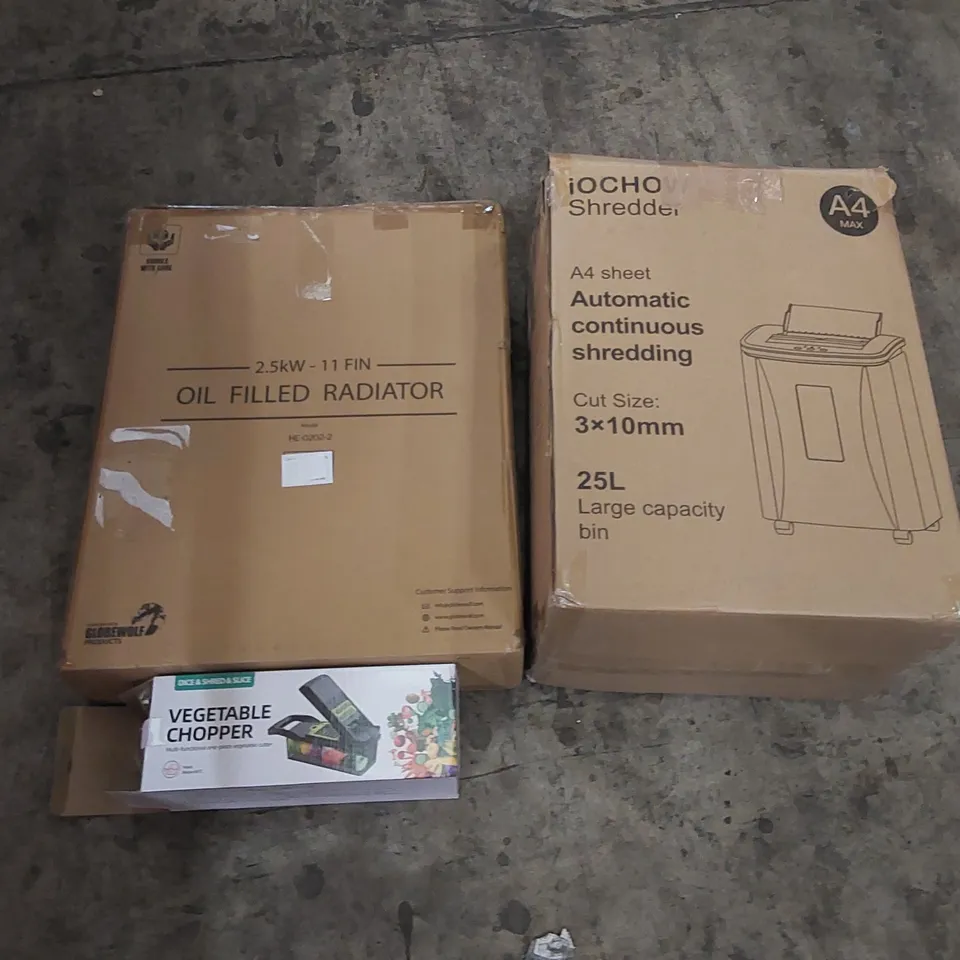 PALLET OF ASSORTED HOUSEHOLD ITEMS AND CONSUMER PRODUCTS. INCLUDING; PAPER SHREDDERS, VEGETABLE CHOPPERS, OIL FILLED RADIATOR, BOXED FURNITURE ETC 