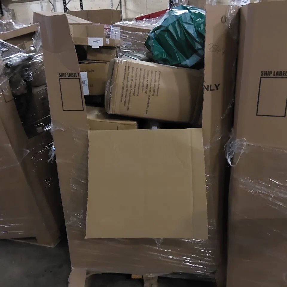 PALLET TO CONTAIN ASSORTED HOUSEHOLD ITEMS AND CONSUMER PRODUCTS. INCLUDING CARRY-ON BAG, KIDS METAL DETECTOR, CHRISTMAS TREE, COOKWARE SET, AIR FRYER, BABY PLAYPEN ETC