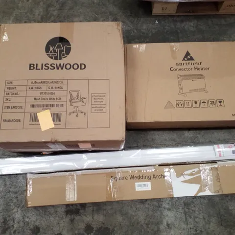 PALLET OF ASSORTED PRODUCTS INCLUDING MESH CHAIR, CONVECTOR HEATER, SQUARE WEDDING ARCHES, ROLLER BLIND