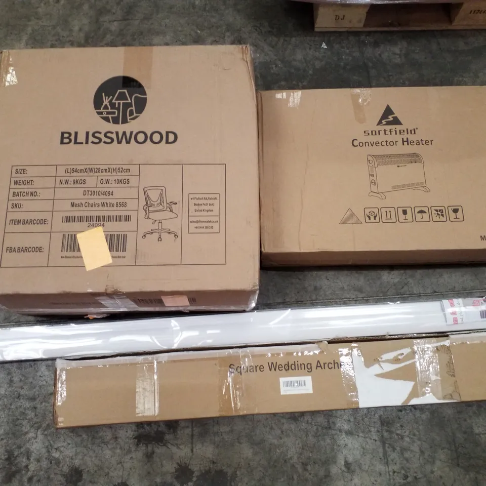 PALLET OF ASSORTED PRODUCTS INCLUDING MESH CHAIR, CONVECTOR HEATER, SQUARE WEDDING ARCHES, ROLLER BLIND