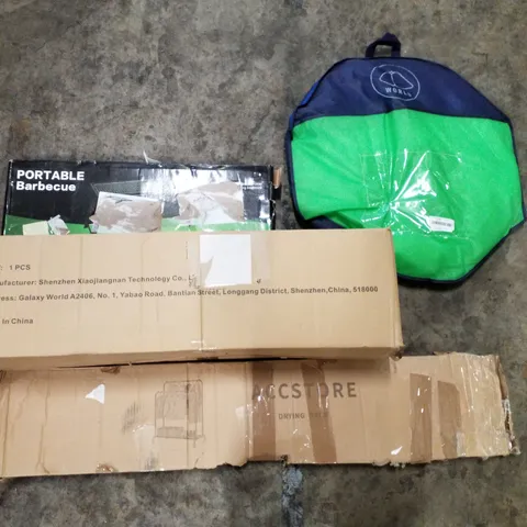 PALLET OF ASSORTED PRODUCTS INCLUDING POP UP TENT, DRYING RACK, PORTABLE BARBECUE, MESH CHAIR, ELECTRIC CLOTHES DRYER