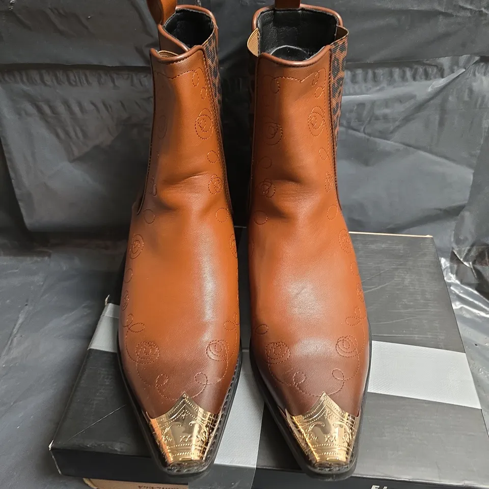 BROWN LEATHER CHELSEA BOOTS WITH LEOPARD PRINT PANELS AND GOLD TOE CAPS (MEN'S)