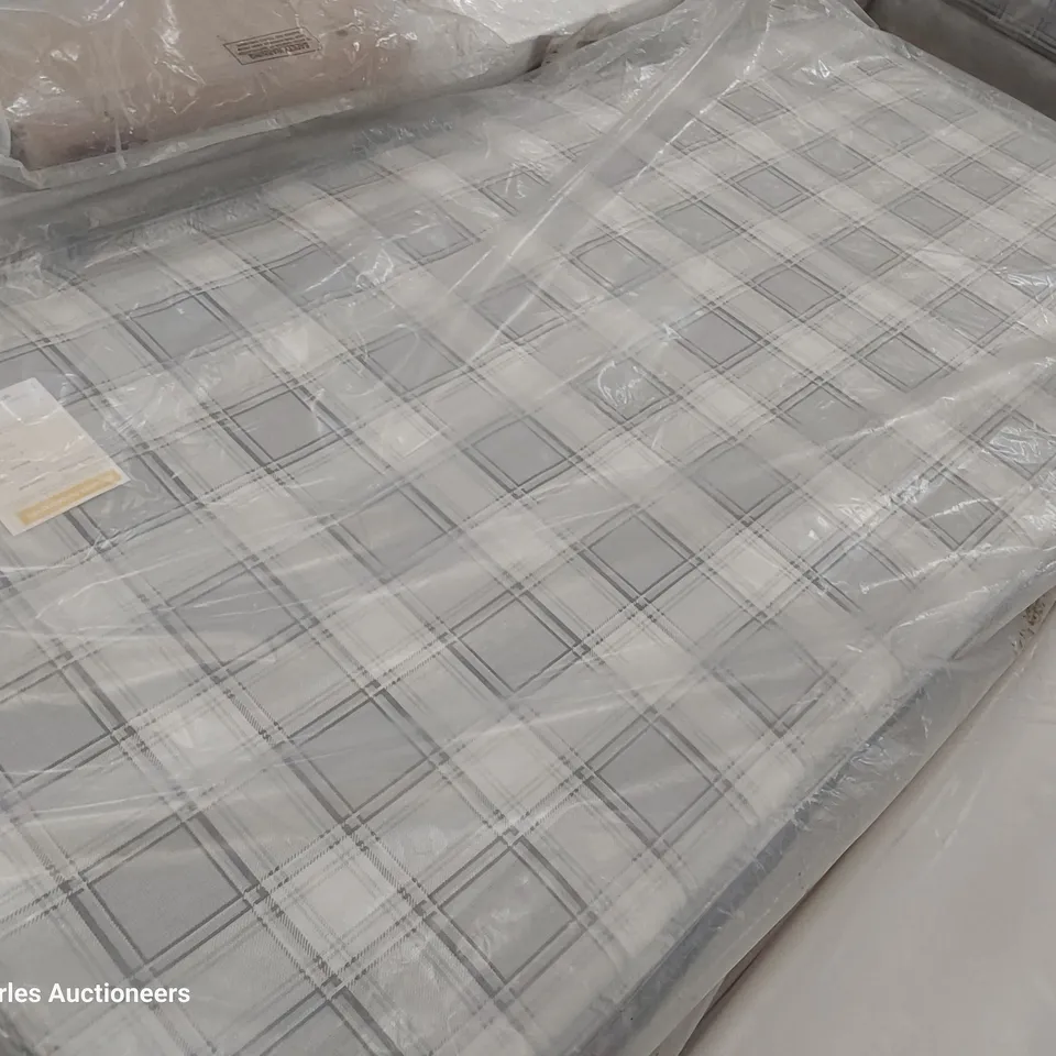 BAGGED 3' SINGLE DIVAN BED COMPRISING GREY CHEQUED MATTRESS & PINK FABRIC STORAGE BASE