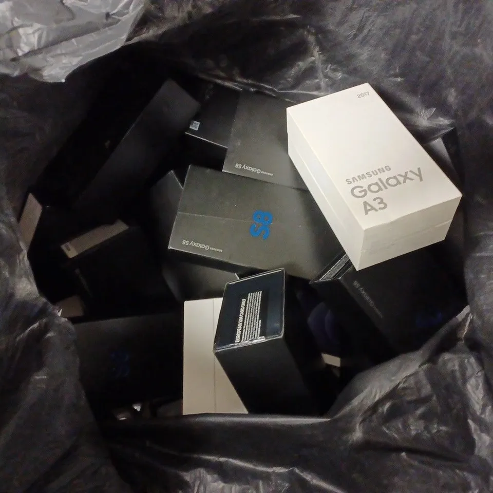 LARGE QUANTITY OF EMPTY PHONE BOXES FOR PHONES SUCH AS SAMSUNG GALAXY A3, SAMSUNG NOTE10+, APPLE IPHONE 12, ETC