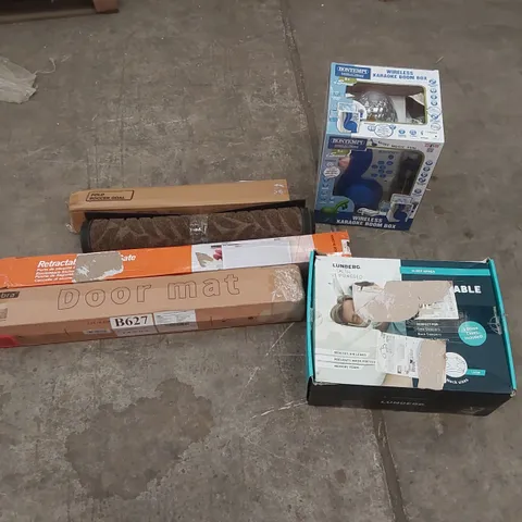 PALLET OF ASSORTED ITEMS INCLUDING: WIRELESS KARAOKE BOOM BOX, DOOR MATS, RETRACTABLE GATE, CPAP PILLOW, FOLDING FOOTBALL GOAL ECT