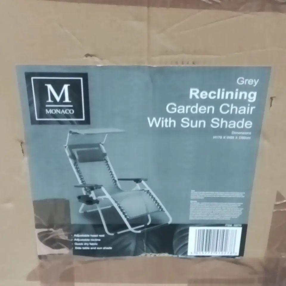 BOXED MONACO GREY RECLINING GARDEN CHAIR WITH SUN SHADE