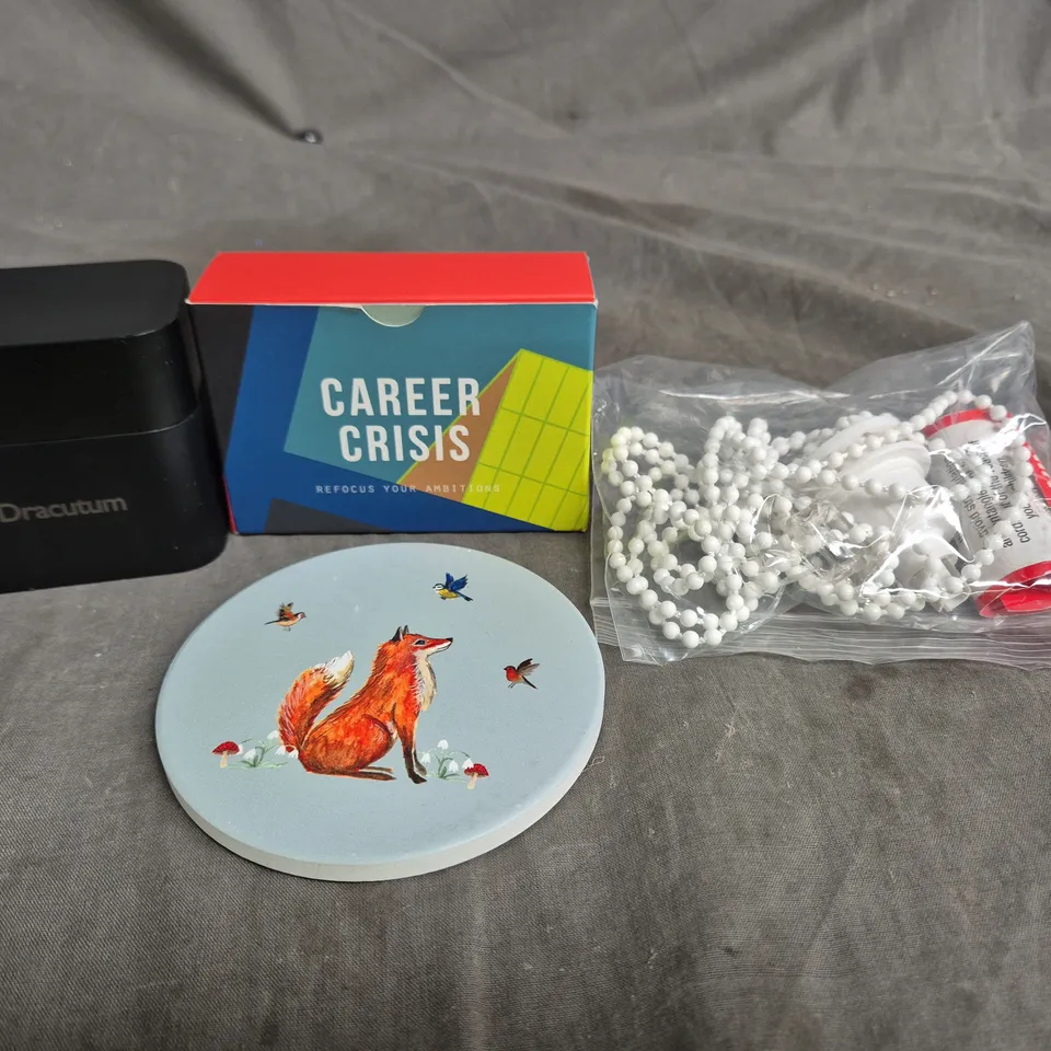 APPROXIMATELY 15 ASSORTED HOUSEHOLD ITEMS TO INCLUDE BLIND CORD, CAREER CRISIS CARDS AND A DRACUTUM LITHIUM BATTERY