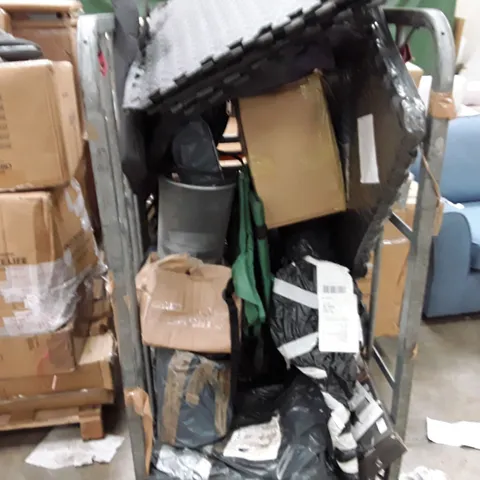 CAGE TO INCLUDE AN ASSORTMENT OF HOUSEHOLD ITEMS, FOAM MATTS TRASH CANS, SOFT SHELL SUITCASES ECT