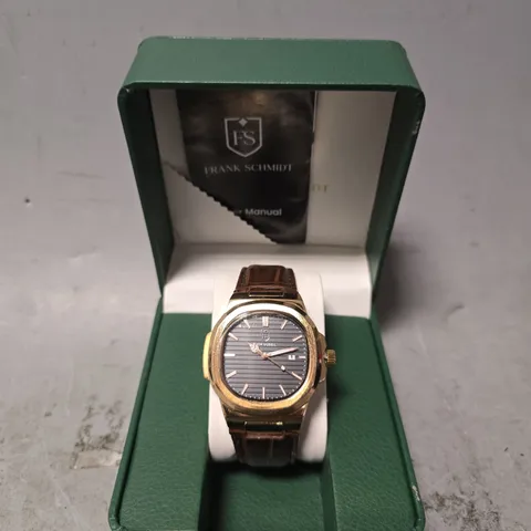 FRANK SCHMIDT WATCH – TEXTURED DIAL WITH DATE – LEATHER STRAP- MODEL: FSL AMBASSADOR – 3ATM WATER RESISTANT – GIFT BOX