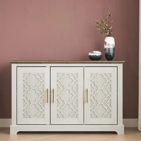 BOXED ANFIELD 3 DOOR SIDEBOARD - NEW WHITE/KNOTTY OAK (1 BOX)