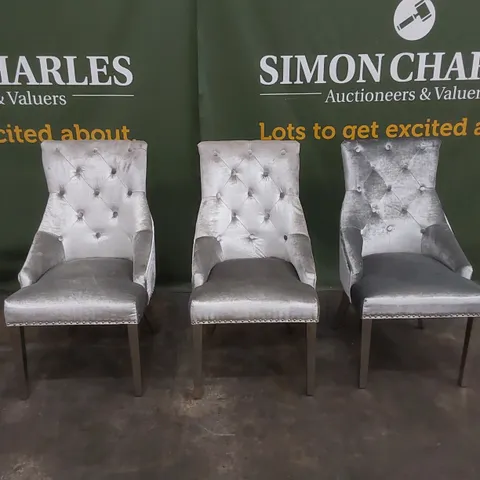 SET OF 3 PARKER GREY VELVET BUTTON-BACK DINING CHAIRS