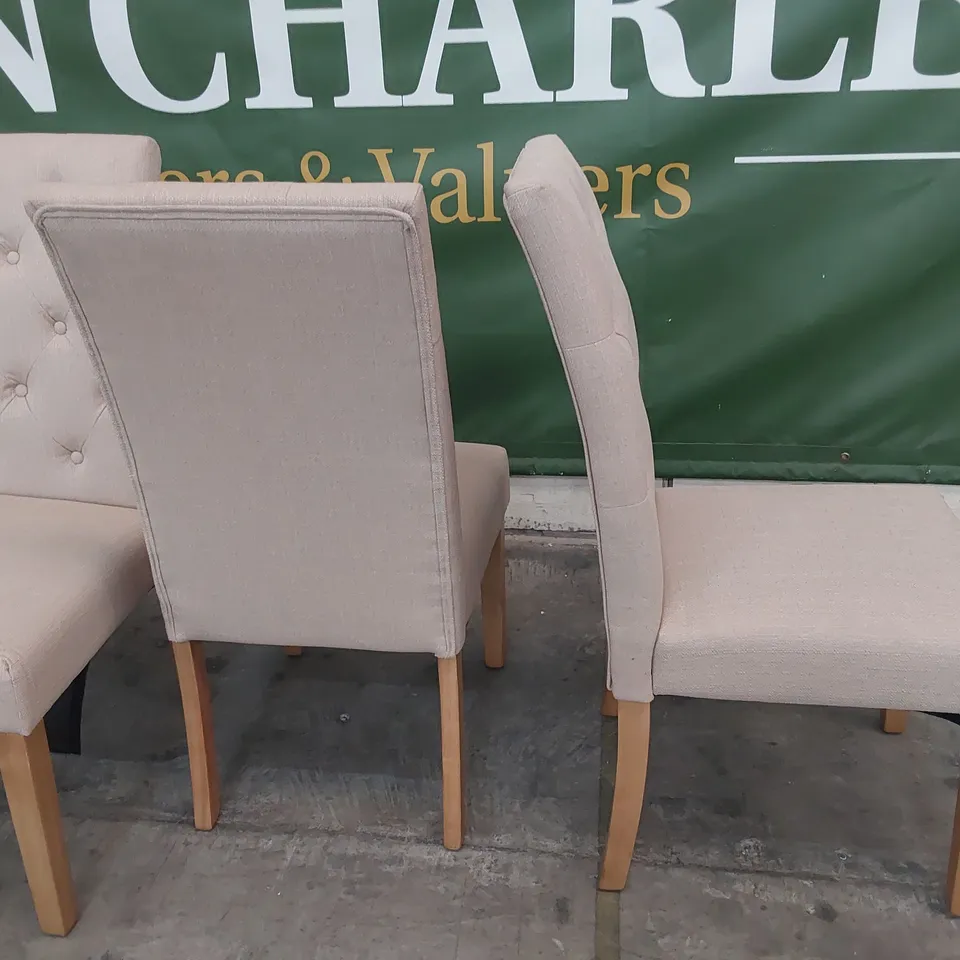 SET FOUR UPHOLSTERED BUTTONED BACK DINING CHAIRS BEIGE FABRIC NATURAL WOOD LEGS 