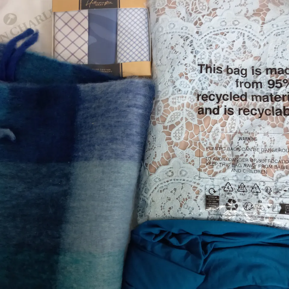 BOX OF APPROXIMATELY 25 ASSORTED CLOTHING ITEMS TO INCUDE - TROUSERS, SCARF, HANDKERCHIEF , DRESS - ETC