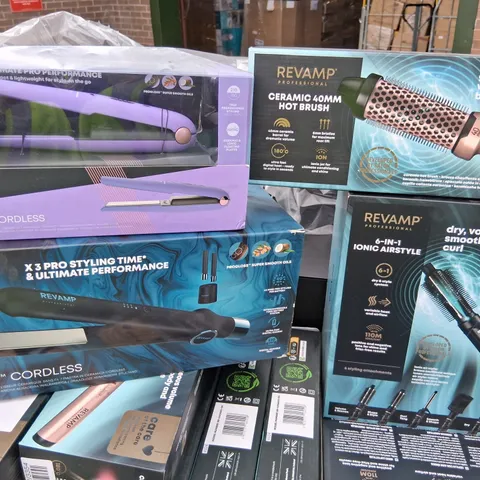 PALLET OF APPROXIMATELY 120 ASSORTED REVAMP HAIR PRODUCTS TO INCLUDE; 6 IN 1 IONIC AIR STYLE, CERAMIC 40MM HOT BRUSH, PROGLOSS DIGITAL AND IGEN PROGLOSS CORDLESS