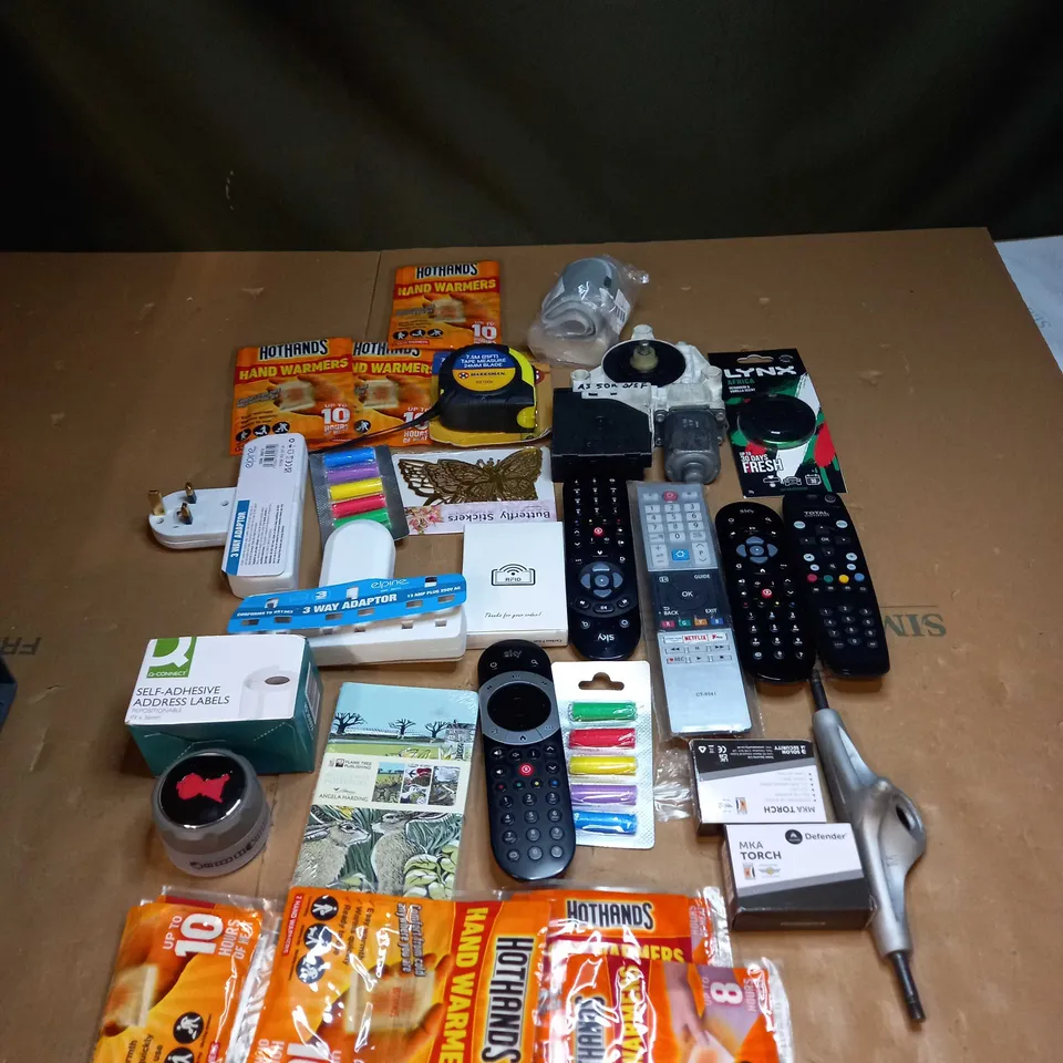 LOT OF ASSORTED ITEMS TO INCLUDE REMOTE CONTROLS, 3 WAY ADAPTOR AND TAPE MEASURES
