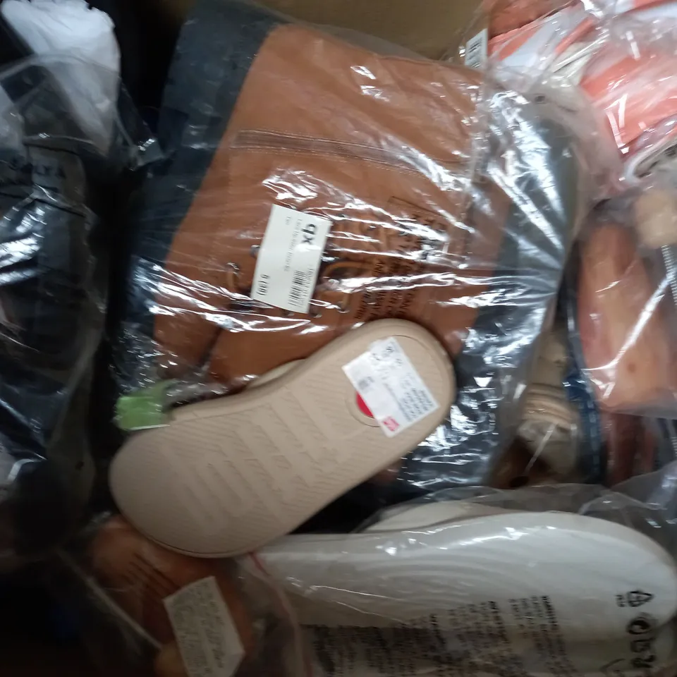 BOX OF APPROXIMATELY 8 ASSORTED PAIRS OF SHOES AND FOOTWEAR ITEMS IN VARIOUS COLOURS, STYLES, AND SIZES - COLLECTION ONLY