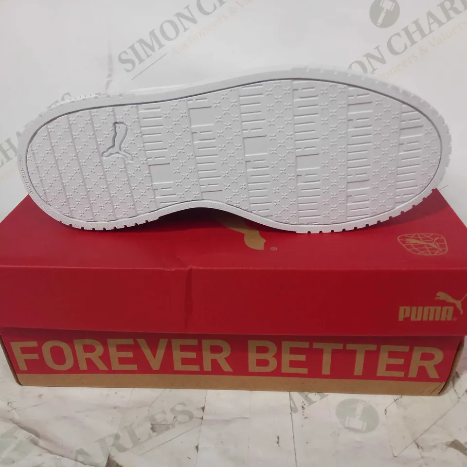 BOXED PAIR OF PUMA CARINA 2.0 PS SHOES IN WHITE/SILVER COLOUR UK SIZE 2