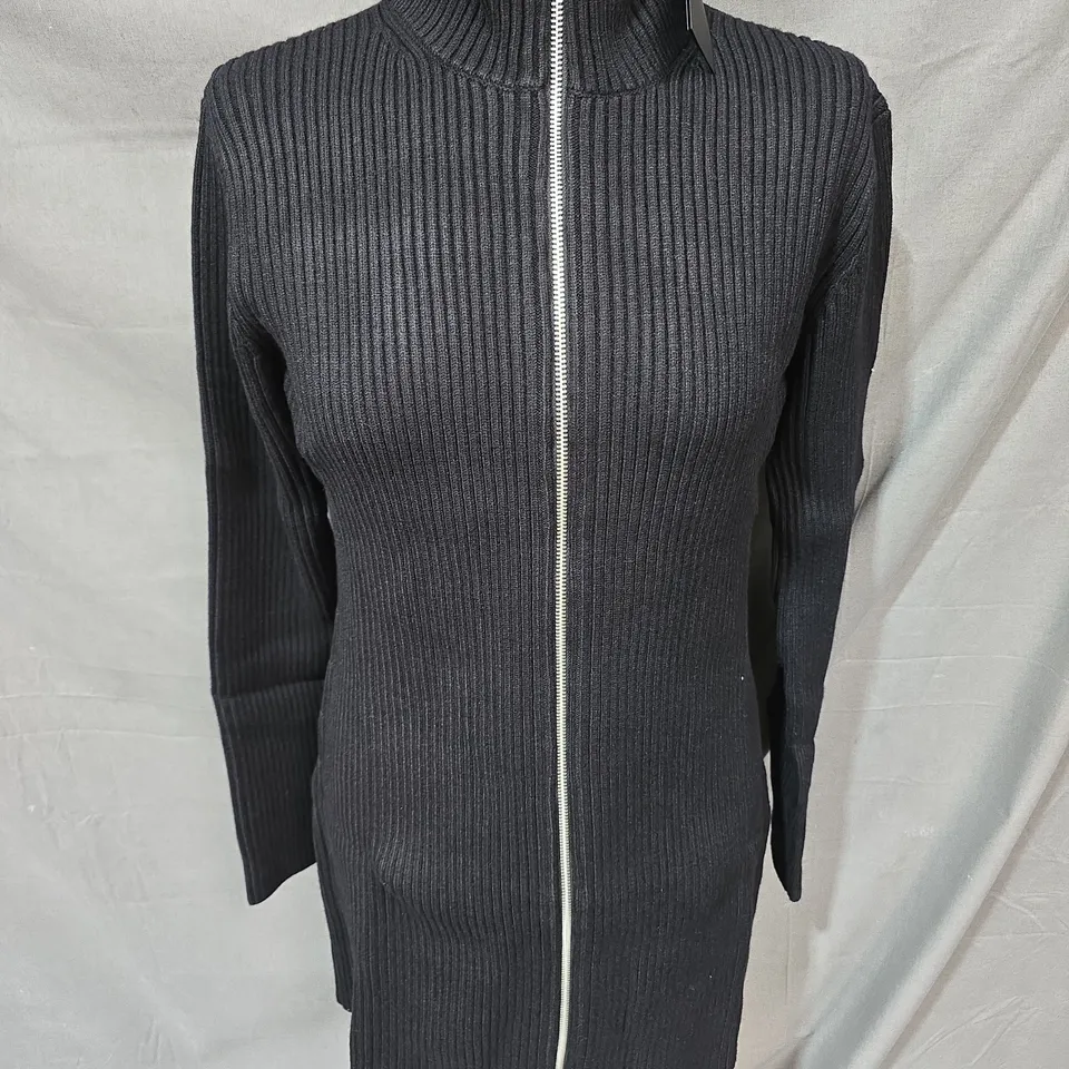 WEEKDAY ZIP THROUGH RIBBED KNIT DRESS IN BLACK SIZE M