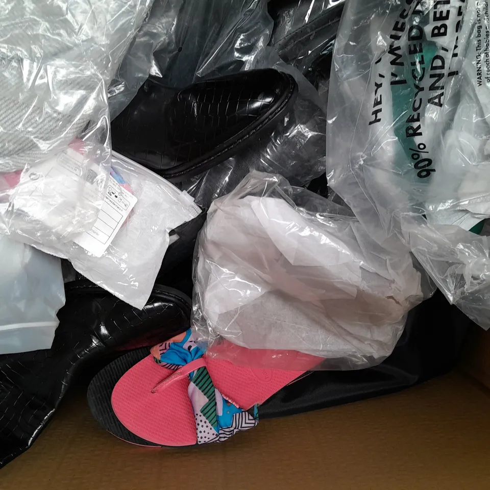 BOX OF APPROXIMATELY 20 ASSORTED PAIRS OF SHOES AND FOOTWEAR ITEMS IN VARIOUS STYLES AND SIZES TO INCLUDE CLARKS, VAN DAL, ETC