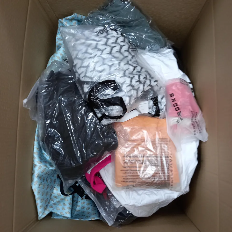 BOX OF APPROXIMATELY 20 CLOTHING ITEMS TO INCLUDE PYJAMAS, UNDERWEAR, TOPS ETC 