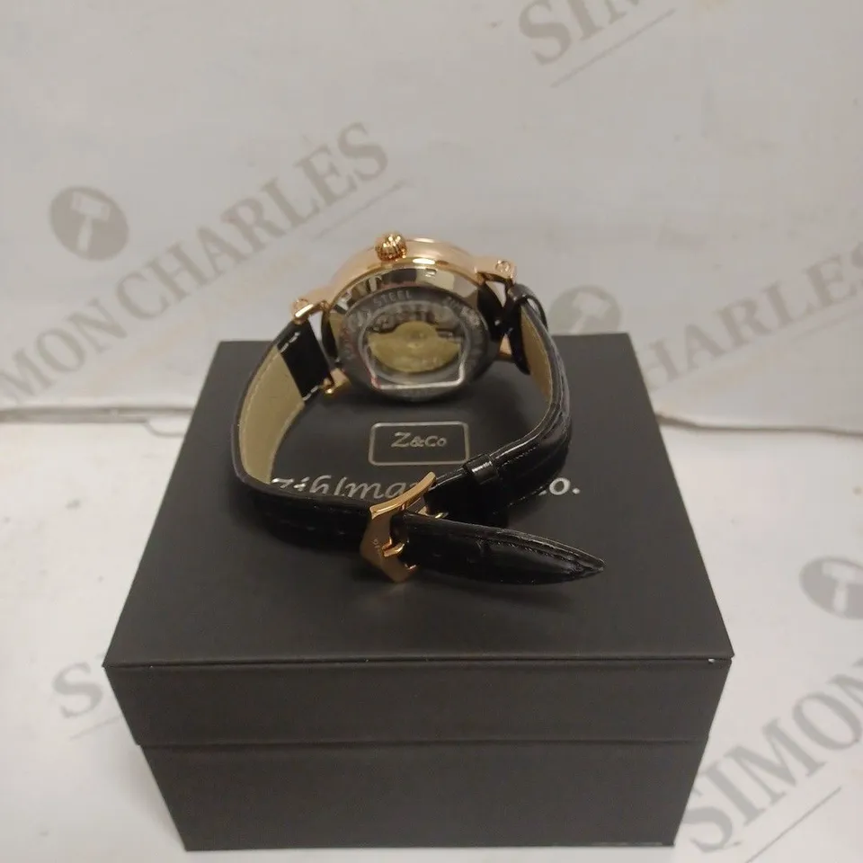 MENS ZIHLMANN & CO AUTOMATIC WATCH – Z150 – MOONPHASE DIAL – GLASS EXHIBITION BACKCASE - SILVER COLOUR CASE – BLACK LEATHER STRAP