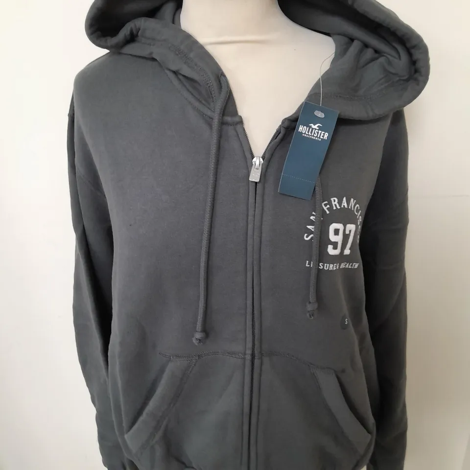 HOLLISTER GREY ZIP THROUGH HOODIE - SMALL