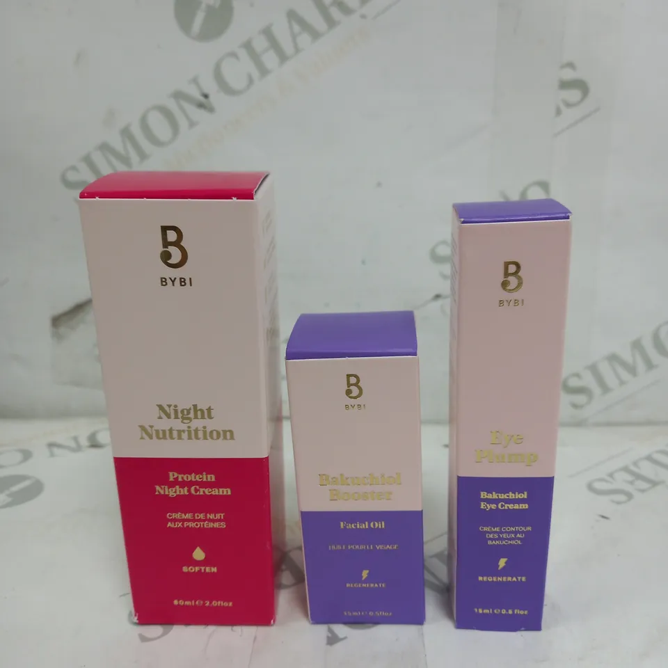 BOXED BYBI SET OF 3 HEALTH AND BEAUTY ITEMS TO INCLUDE NIGHT CREAM, FACIAL OIL, AND EYE CREAM