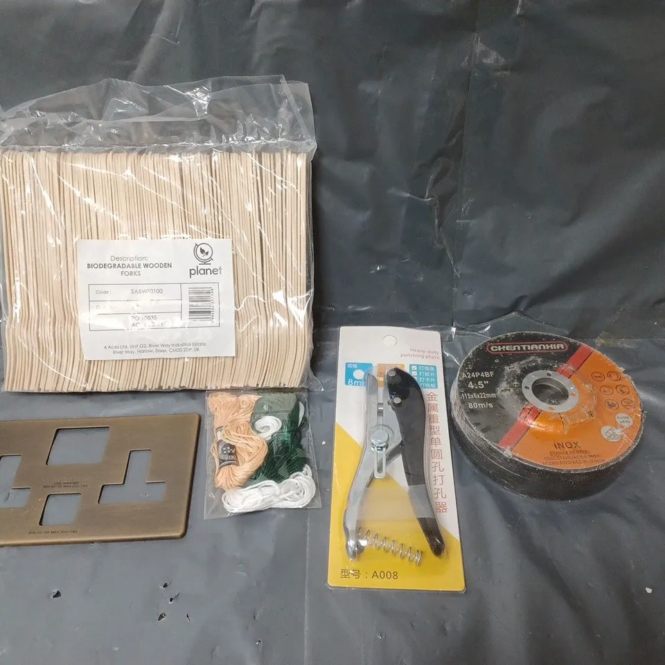 BOX OF APPROXIMATELY 20 ASSORTED HOUSEHOLD ITEMS TO INCLUDE PLUG SOCKET COVERS, PUNCH PLIERS AND WOODEN FORKS