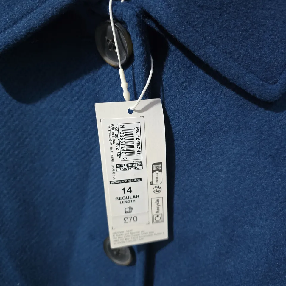 M&S Women’s Blue Coat – UK 14 REG, Button-Front with Patch Pockets